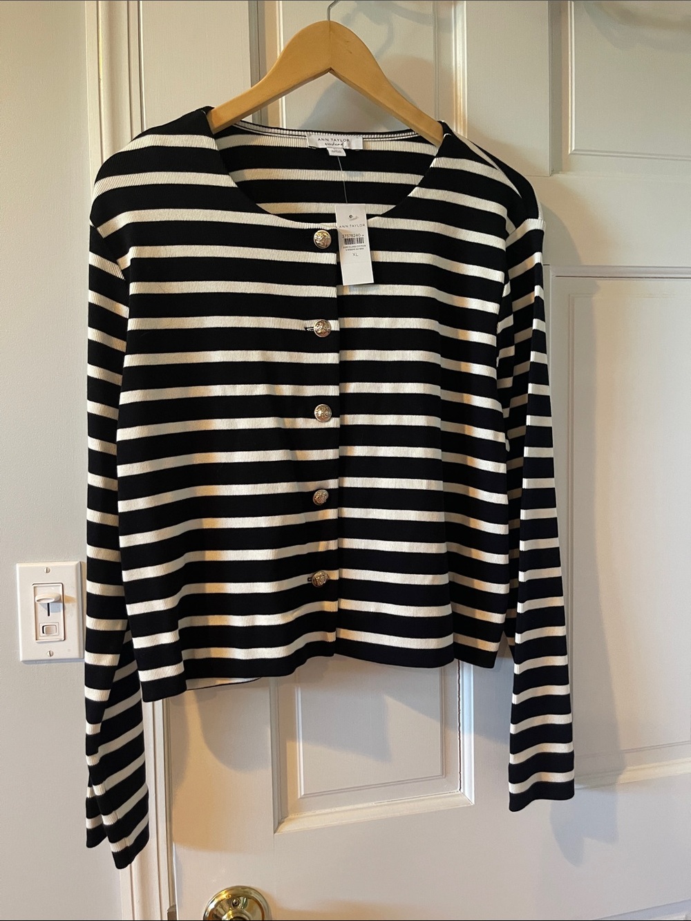 Ann Taylor Black and White Striped Button Cardigan